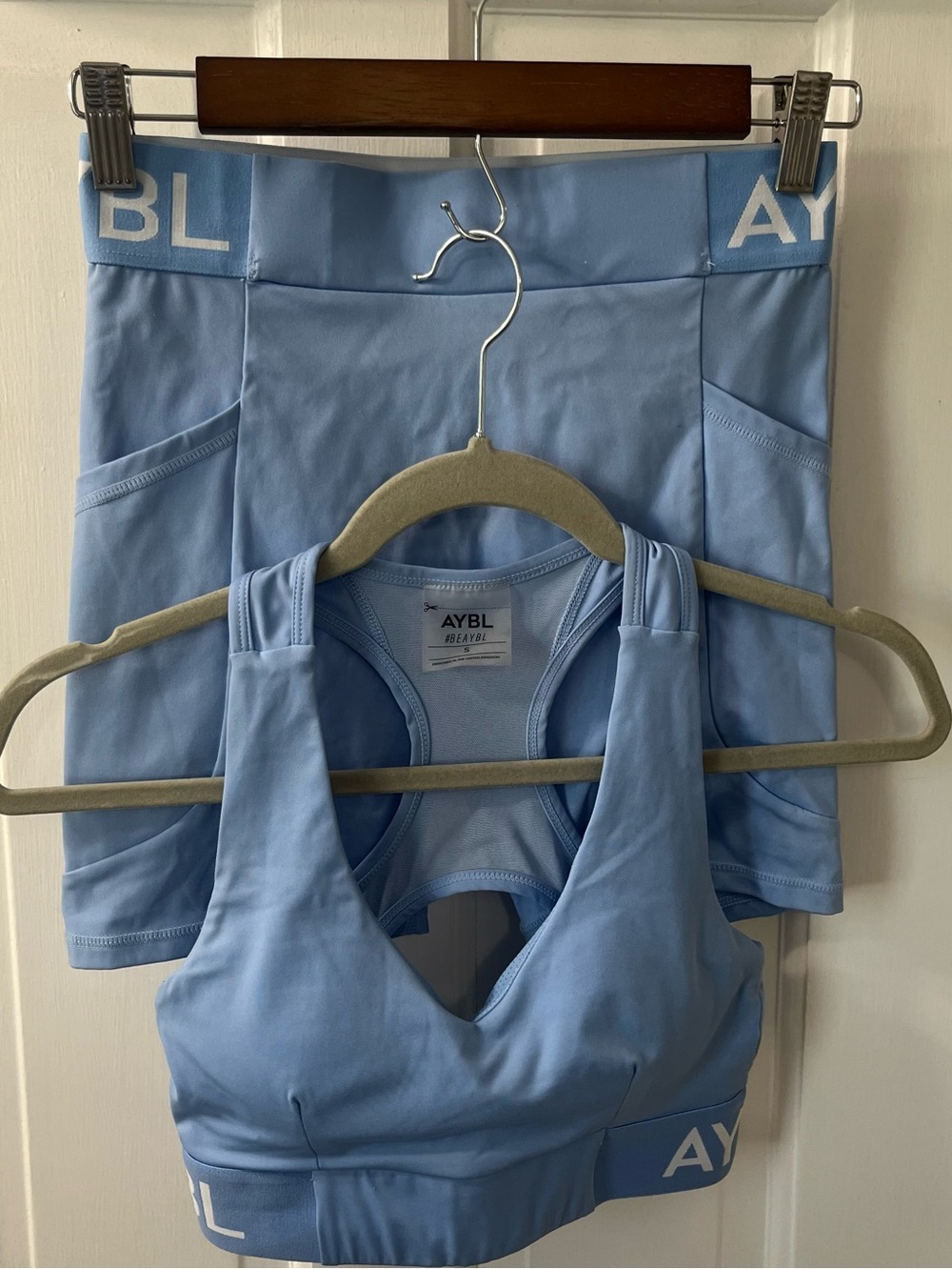 AYBL Sky Blue Performance Bra & High-Waist Shorts Set. Size Small